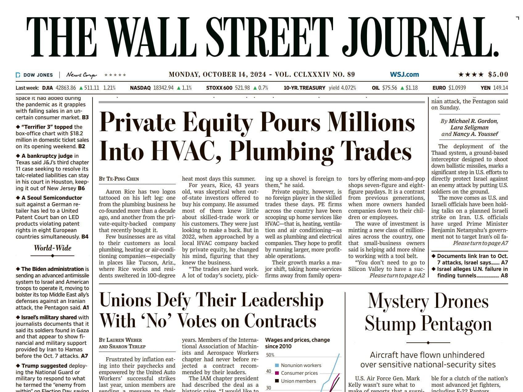 Front page of The Wall Street Journal dated October 14, 2024, featuring headlines on private equity in HVAC, union contract disputes, and mystery drones at the Pentagon.