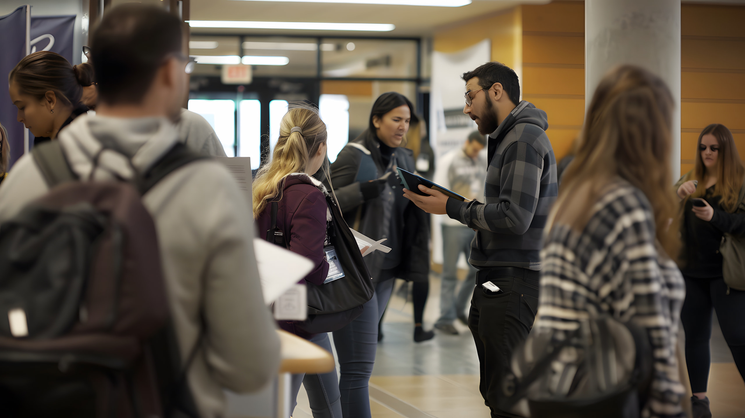 People standing and talking in a hallway, some holding papers and wearing casual clothing, as if at a vibrant career fair. The area appears to be busy, with various individuals engaged in conversation.