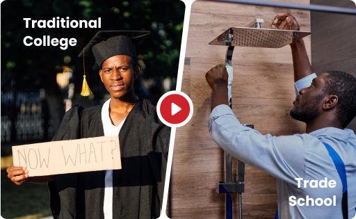 A graduate holding a "Now What?" sign on the left contrasts with a person on the right, confidently learning plumbing skills in a trade school setting, highlighting the choice between traditional college vs trade school paths.