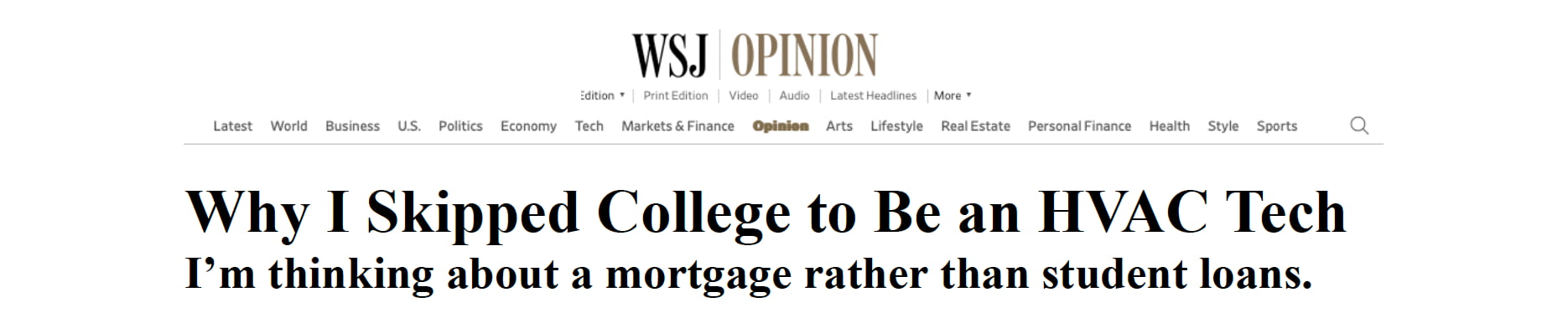 Website headline reads: "Why I Skipped College to Be an HVAC Tech - I’m thinking about a mortgage rather than student loans.