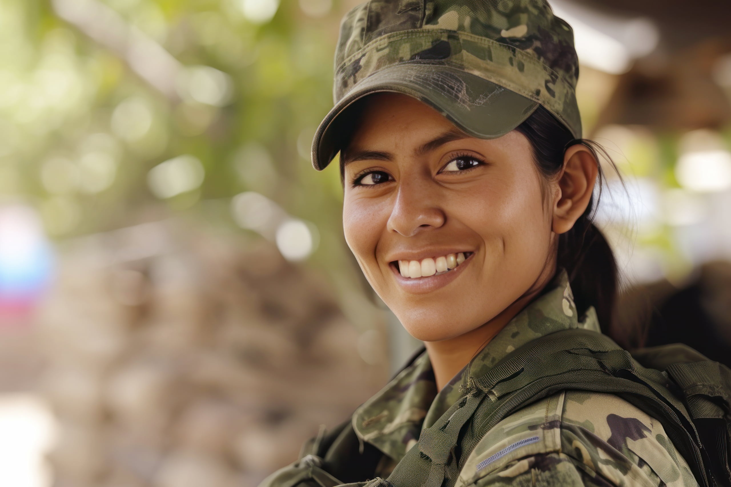 Person wearing camouflage military uniform and cap, smiling outdoors in a natural setting.