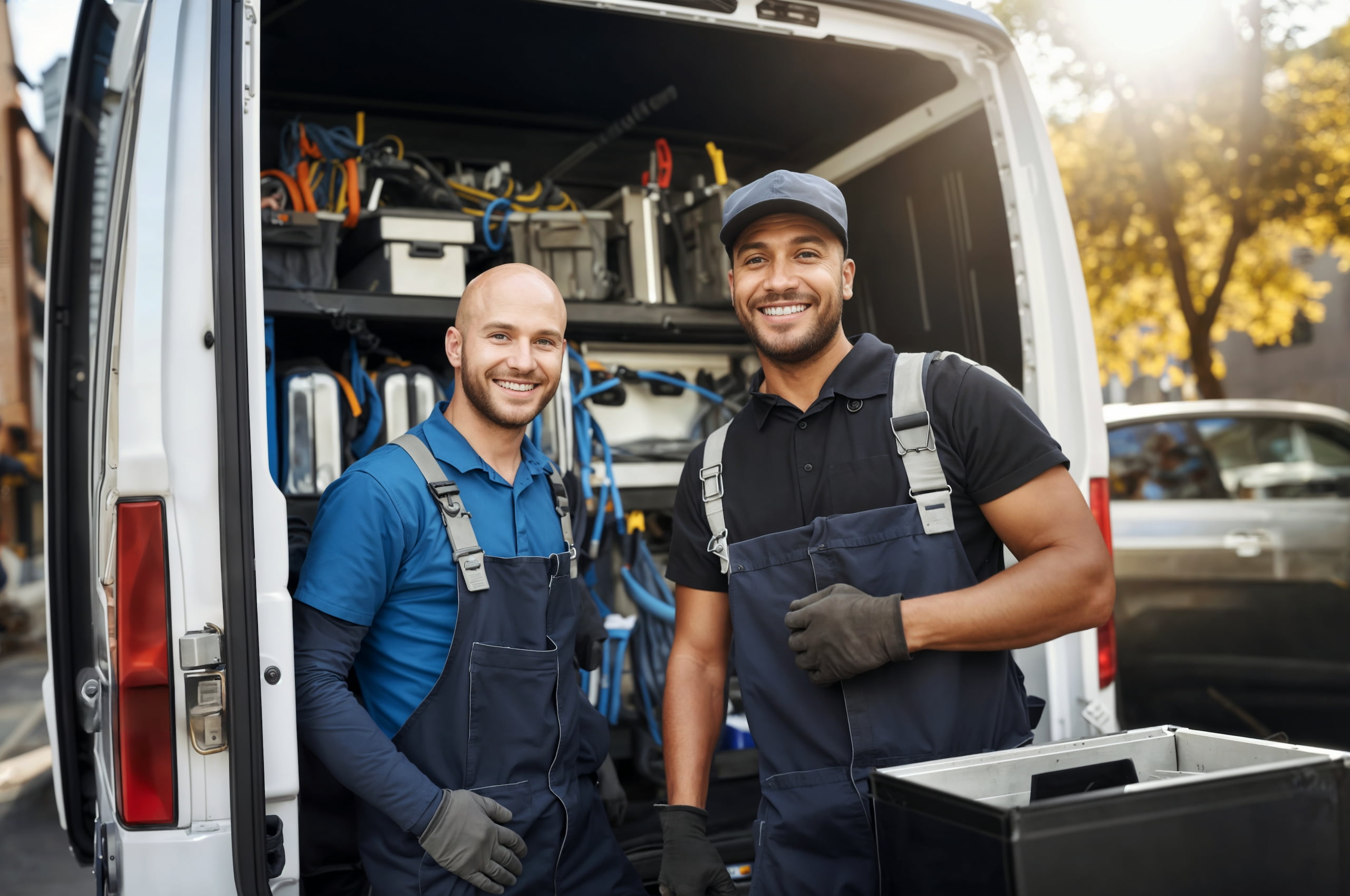 Two smiling workers in overalls stand by an open van filled with tools and equipment. They are outdoors on a sunny day.